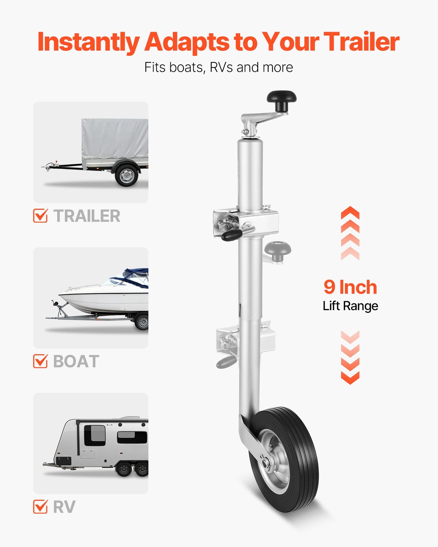 Trailer Jack with Wheel, 150 kg Load Capacity, Heavy Duty Bolt-on Trailer Tongue Jack with Single Wheel & Ergonomic Handle, 230 mm Lift Travel, Fit for RVs, Horse Trailers, Utility Trailers