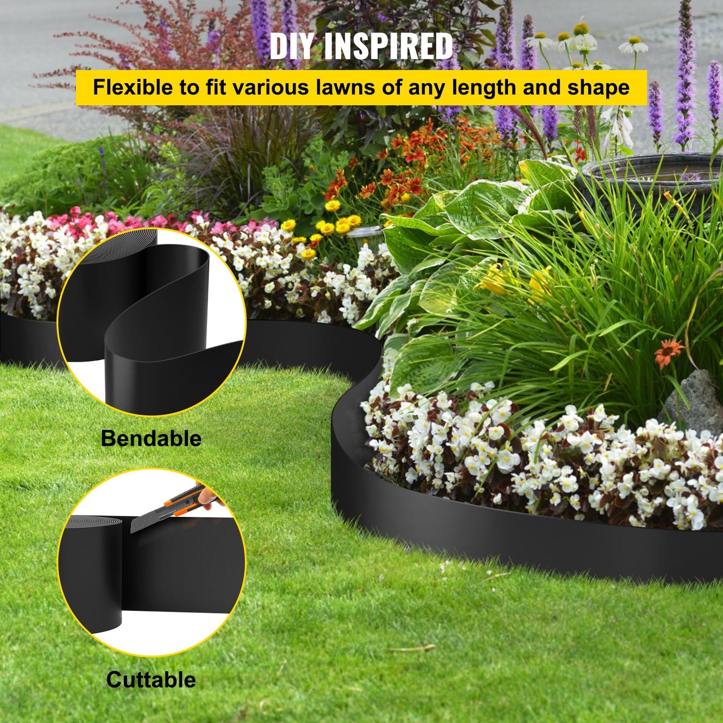 Landscape Edging, 25.4 cm Depth 45.7 m Total Length, Recycled HDPE Coiled Terrace Board, Flexible Bender Border for Landscaping, Lawn, Garden, Yard, Against Invading Weeds, Black