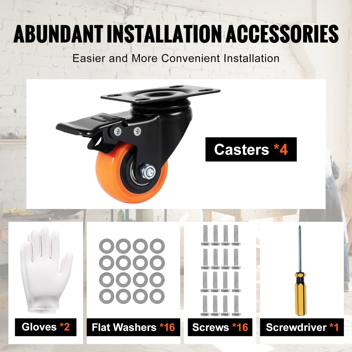 Caster Wheels, 5.1 cm Swivel Plate Casters, Set of 4, with Security Dual Locking No Noise PVC Wheels, Heavy Duty 68 kg Load Capacity Per Caster, Non-Marking Wheels for Cart Furniture Workbench
