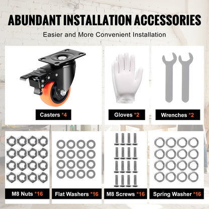 Caster Wheels, 7.6 cm Swivel Plate Casters, Set of 4, with Security A/B Locking No Noise PVC Wheels, Heavy Duty 113.4 kg Load Capacity Per Caster, Non-Marking Wheels for Cart Furniture Workbench
