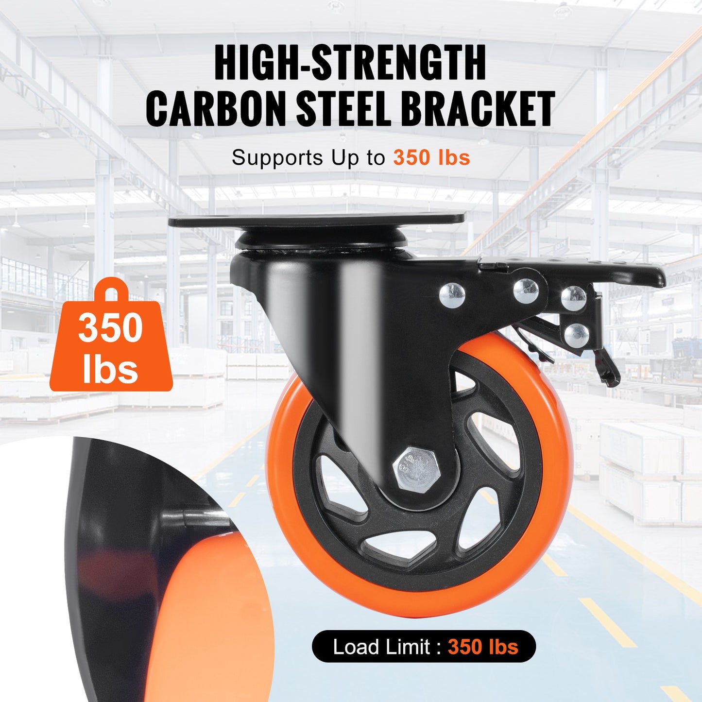 Hjul, 10,1 cm svängbara hjul, 4-pack, med säkerhetslåsning, tysta PVC-hjul, kraftiga 158,8 kg lastkapacitet per hjul, icke-märkande hjul för arbetsbänk med vagnsmöbler