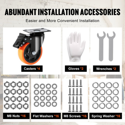 Hjul, 10,1 cm svängbara hjul, 4-pack, med säkerhetslåsning, tysta PVC-hjul, kraftiga 158,8 kg lastkapacitet per hjul, icke-märkande hjul för arbetsbänk med vagnsmöbler