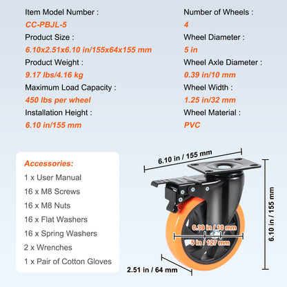 Caster Wheels, 12.7 cm Swivel Plate Casters, Set of 4, with Security A/B Locking No Noise PVC Wheels, Heavy Duty 204.1 kg Load Capacity Per Caster, Non-Marking Wheels for Cart Furniture Workbench