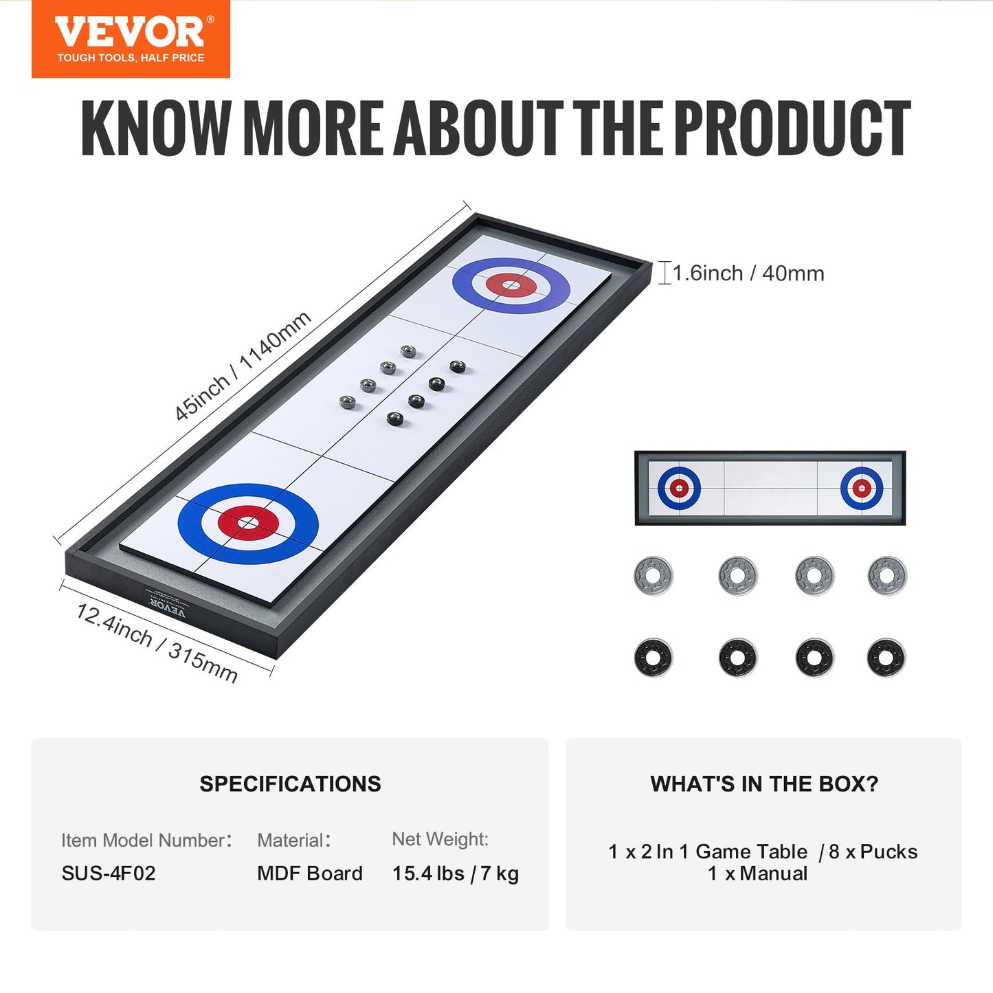 Shuffleboard and Curling 2 in 1 Board Games, 45" Portable Tabletop Set, Two Sided Tabletop Shuffleboard with 8 Rolling Pucks, Shuffleboard and Curling Combo Game Set for Kids and Family