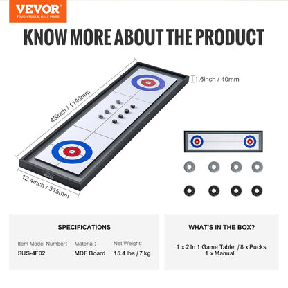 Shuffleboard and Curling 2 in 1 Board Games, 45" Portable Tabletop Set, Two Sided Tabletop Shuffleboard with 8 Rolling Pucks, Shuffleboard and Curling Combo Game Set for Kids and Family
