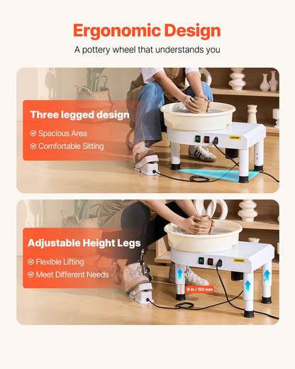 Pottery Wheel, 35 cm Ceramic Wheel Forming Machine, 60-300 RPM Speed Adjustable Foot Pedal, Adjustable Lift Leg, Detachable Basin, Complete Tool Accessory Kit for Work Art Craft DIY, White