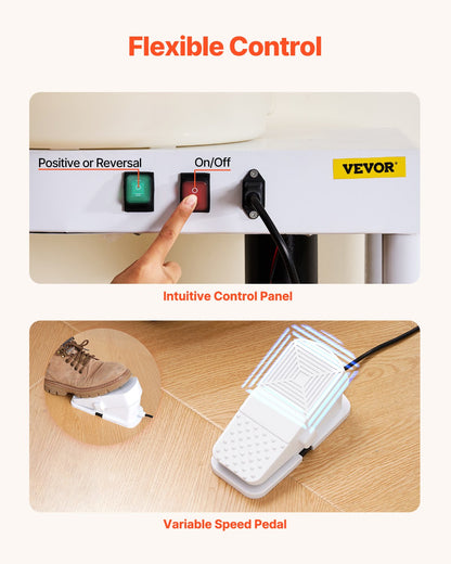 Pottery Wheel, 35 cm Ceramic Wheel Forming Machine, 60-300 RPM Speed Adjustable Foot Pedal, Adjustable Lift Leg, Detachable Basin, Complete Tool Accessory Kit for Work Art Craft DIY, White