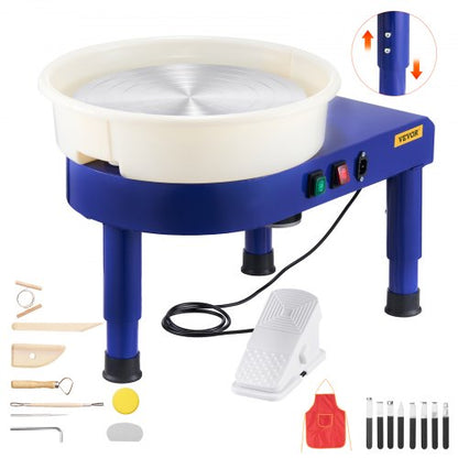 Pottery Wheel, 35 cm Ceramic Wheel Forming Machine, 60-300 RPM Speed Adjustable Foot Pedal, Adjustable Lift Leg, Detachable Basin, Complete Tool Accessory Kit for Work Art Craft DIY, Blue