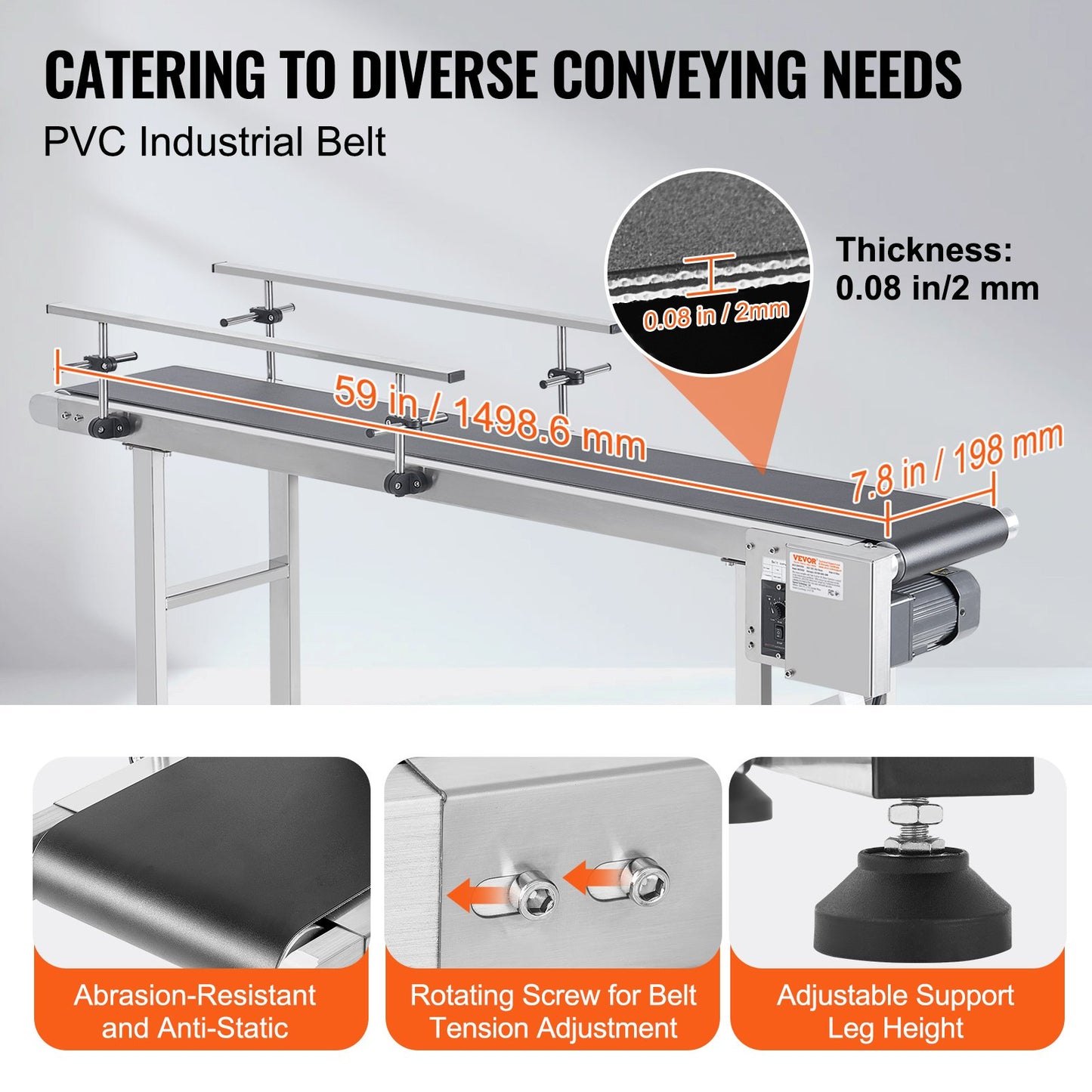 Belt Conveyor, 59 x 7.8 inch Conveyor Table, Heavy Duty Stainless Steel Motorized Belt Conveyor for Inkjet Coding Applications Powered PVC Belt Anti-Static Adjustable Speed (Double Guardrail)