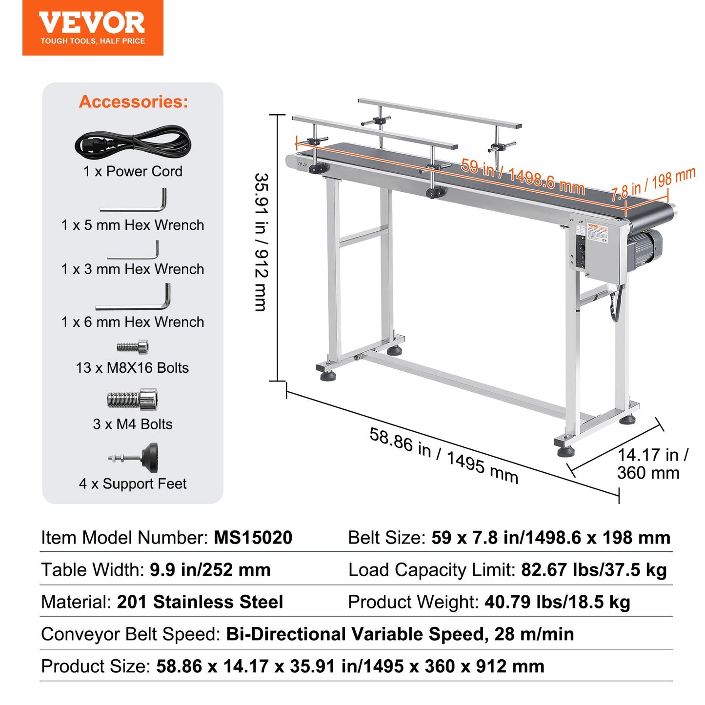 Belt Conveyor, 59 x 7.8 inch Conveyor Table, Heavy Duty Stainless Steel Motorized Belt Conveyor for Inkjet Coding Applications Powered PVC Belt Anti-Static Adjustable Speed (Double Guardrail)