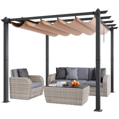 10'x10' Outdoor Retractable Pergola with Canopy, Aluminum Pergola with Retractable Canopy, Modern Pergola with Sun Shade Canopy for Patios, Gardens, Decks, Backyards (Beige)