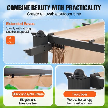 10'x10' Outdoor Retractable Pergola with Canopy, Aluminum Pergola with Retractable Canopy, Modern Pergola with Sun Shade Canopy for Patios, Gardens, Decks, Backyards (Beige)