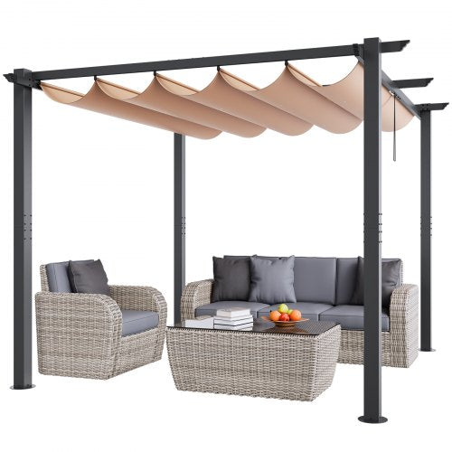 10'x10' Outdoor Retractable Pergola with Canopy, Aluminum Pergola with Retractable Canopy, Modern Pergola with Sun Shade Canopy for Patios, Gardens, Decks, Backyards (Beige)