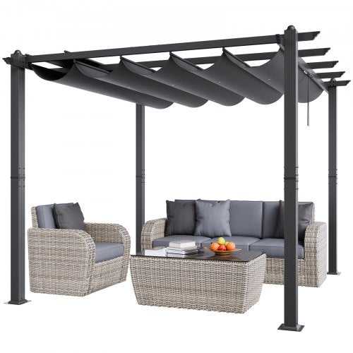 10'x10' Utomhus Utfällbar Pergola med Tak, Aluminium Pergola med Utfällbart Tak, Modern Pergola med Solskyddstak för Uteplatser, Trädgårdar, Däck, Bakgårdar (Grå)