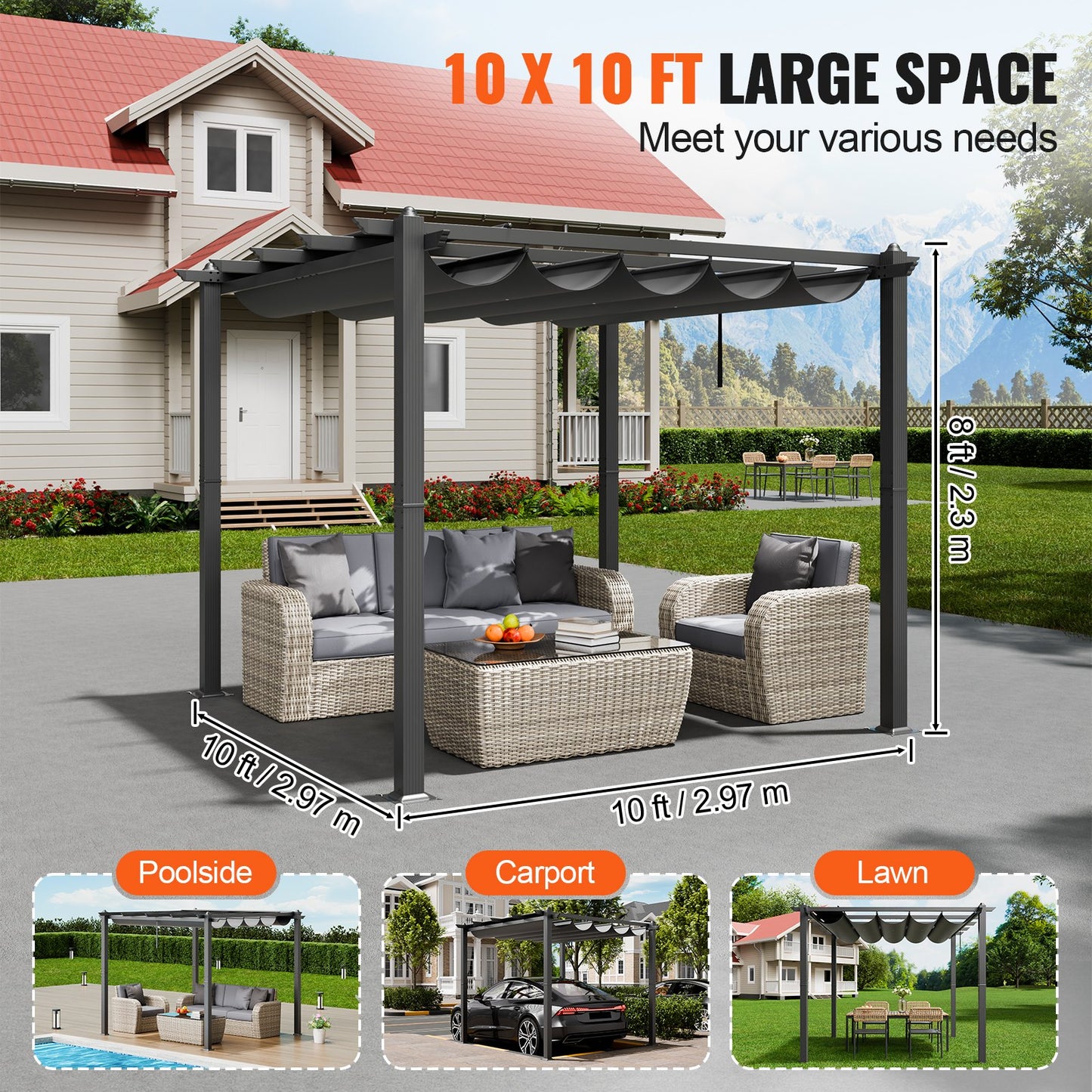 10'x10' Outdoor Retractable Pergola with Canopy, Aluminum Pergola with Retractable Canopy, Modern Pergola with Sun Shade Canopy for Patios, Gardens, Decks, Backyards (Gray)