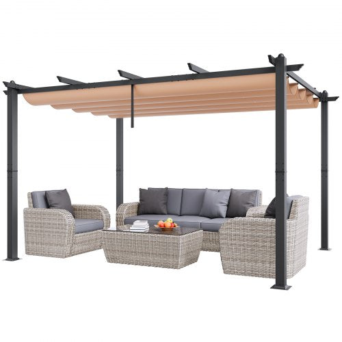 10'x13' Utomhus Utfällbar Pergola med Tak, Aluminium Pergola med Utfällbart Tak, Modern Pergola med Solskyddstak för Uteplatser, Trädgårdar, Däck, Bakgårdar (Beige)
