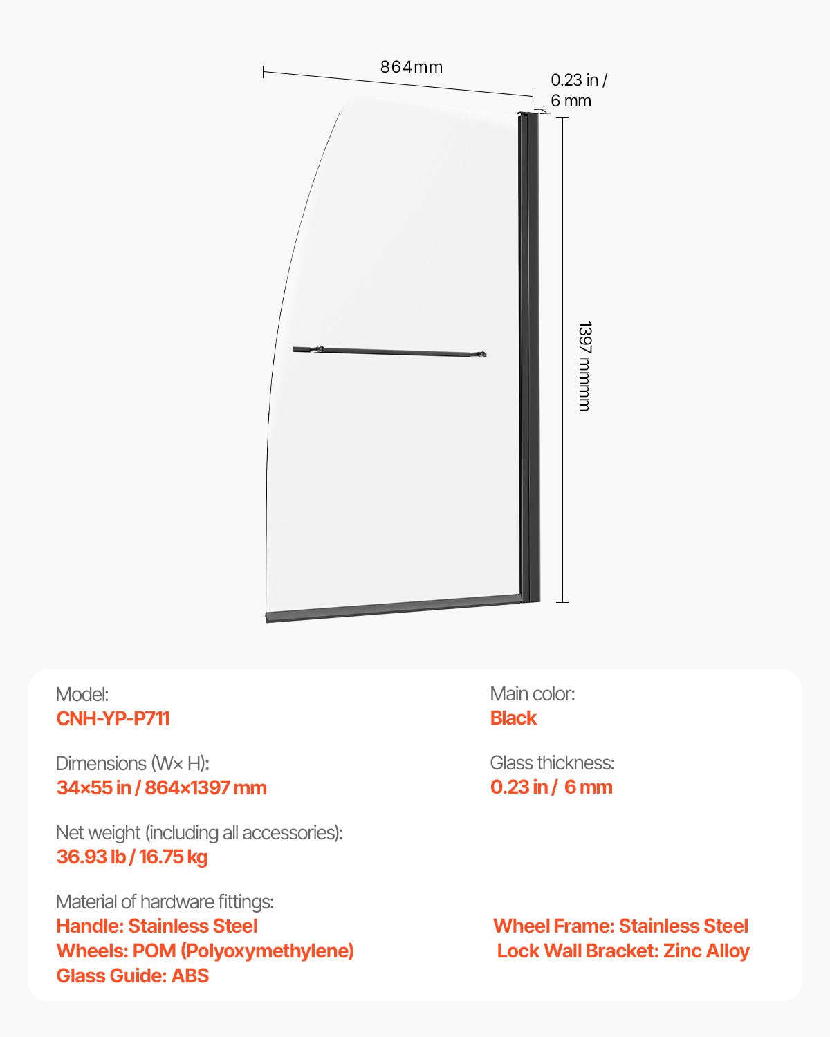 Frameless Bathtub Shower Door, 34 in. W x 55 in. H, Half Shower Door for Bathtub, 180° Rotatable Tempered Glass Door, Half Shower Door with 1/4 in Tempered Glass Bathroom Shower Screen, Black