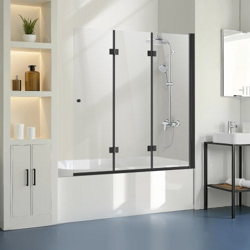 Bathtub Shower Door, 51 in. W x 56 in. H, Frameless Foldable Hinged Shower Door, Tri-Fold Shower Glass Door with 1/4 in Tempered Glass Door, 180°Rotating and Folding Design, for Bathtub, Black