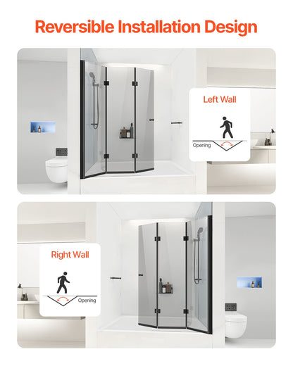 Bathtub Shower Door, 51 in. W x 56 in. H, Frameless Foldable Hinged Shower Door, Tri-Fold Shower Glass Door with 1/4 in Tempered Glass Door, 180°Rotating and Folding Design, for Bathtub, Black