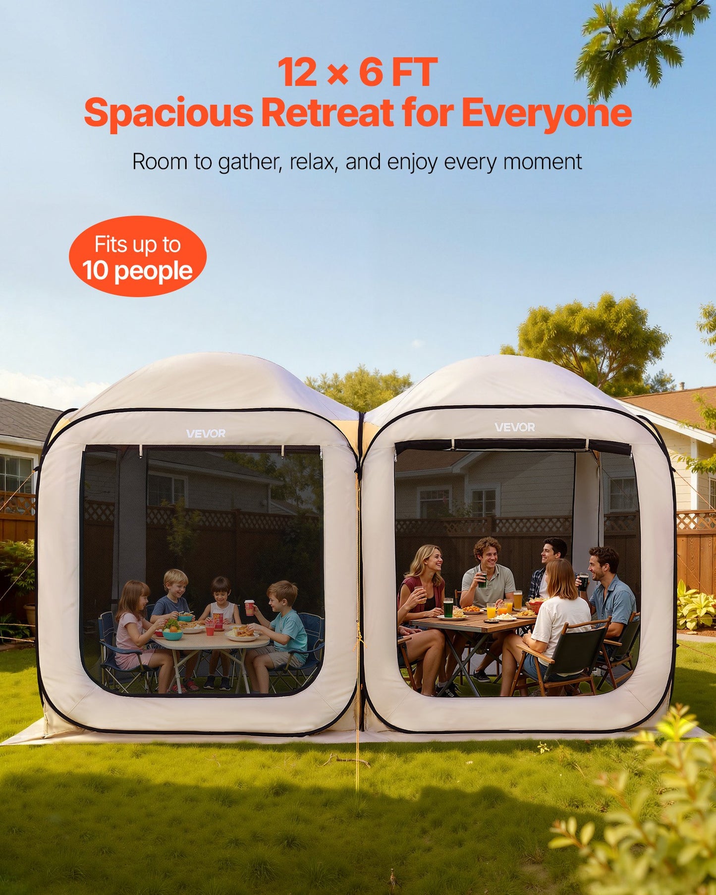 Screen House Tent, 3660 x 1825 x 2200 mm, 2 in 1 Pop Up Screen Tent, Portable Screened in Canopy with Carry Bag, Netting Sides, Ground Stakes, for Garden, Patio, and Outdoor Activities, Beige