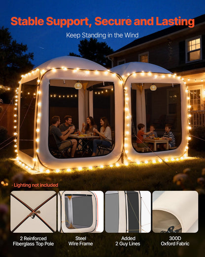 Screen House Tent, 3660 x 1825 x 2200 mm, 2 in 1 Pop Up Screen Tent, Portable Screened in Canopy with Carry Bag, Netting Sides, Ground Stakes, for Garden, Patio, and Outdoor Activities, Beige