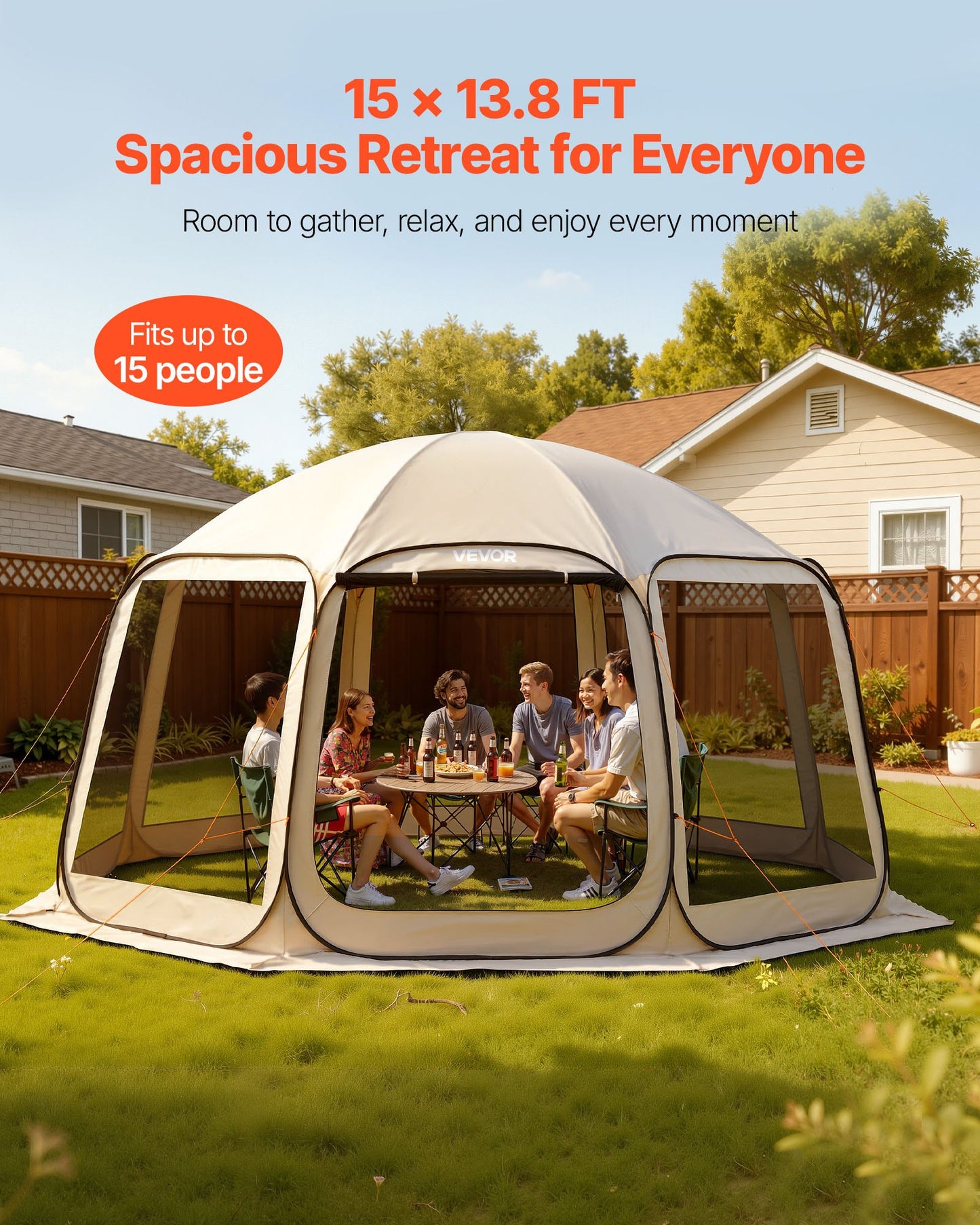 Screen House Tent, 4500 x 4250 x 2450 mm, 12-15 Person Pop Up Screen Tent, Portable Screened in Canopy with Carry Bag, Netting Sides, Ground Stakes, for Garden, Patio, Outdoor Activities, Beige