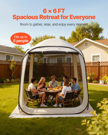 Screen House Tent, 1825 x 1825 x 2200 mm, 4-6 Person Pop Up Screen Tent, Portable Screened in Canopy with Carry Bag, Netting Sides, Ground Stakes, for Garden, Patio, Outdoor Activities, Beige