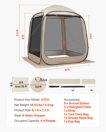 Screen House Tent, 1825 x 1825 x 2200 mm, 4-6 Person Pop Up Screen Tent, Portable Screened in Canopy with Carry Bag, Netting Sides, Ground Stakes, for Garden, Patio, Outdoor Activities, Beige