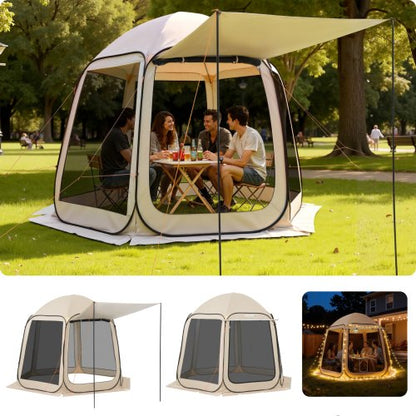 Screen House Tent, 3030 x 2650 x 2300 mm, 4-8 Person Pop Up Screen Tent with Extended Awning, Portable Screened in Canopy with Carry Bag, Netting Sides, for Patio, and Outdoor Activities, Beige