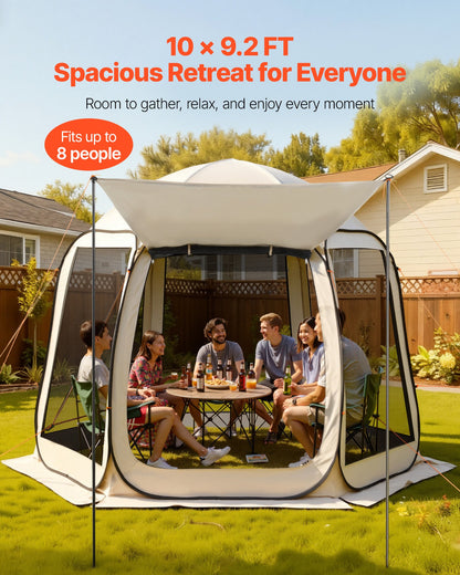 Screen House Tent, 3030 x 2650 x 2300 mm, 4-8 Person Pop Up Screen Tent with Extended Awning, Portable Screened in Canopy with Carry Bag, Netting Sides, for Patio, and Outdoor Activities, Beige