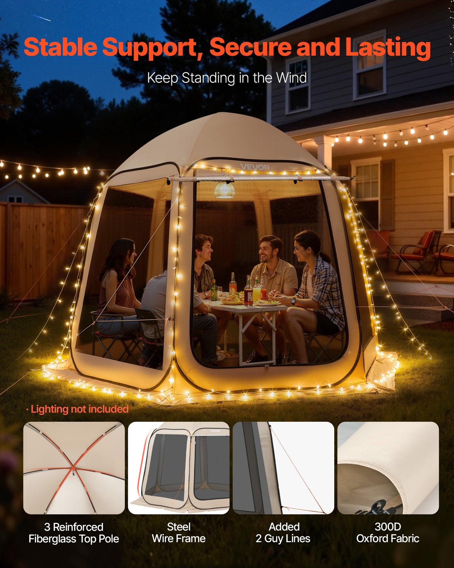 Screen House Tent, 3030 x 2650 x 2300 mm, 4-8 Person Pop Up Screen Tent with Extended Awning, Portable Screened in Canopy with Carry Bag, Netting Sides, for Patio, and Outdoor Activities, Beige