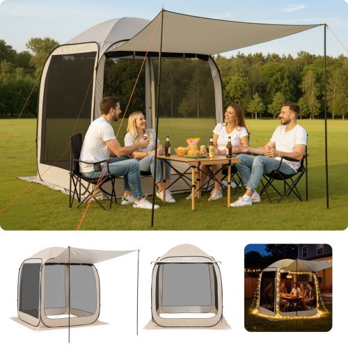 Screen House Tent, 1825 x 1825 x 2200 mm, 4-6 Person Pop Up Screen Tent with Extended Awning, Portable Screened in Canopy with Carry Bag, Netting Sides, for Patio, and Outdoor Activities, Beige