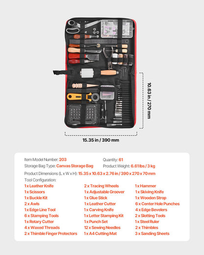 Läderbearbetningsverktygssats, 61 delar läderhantverksverktyg med bärbar kanvasförvaringsväska, gravyr, stansning, sömnad, stämpling, slipverktyg, perfekt för nybörjare, gör-det-själv-entusiaster och proffs