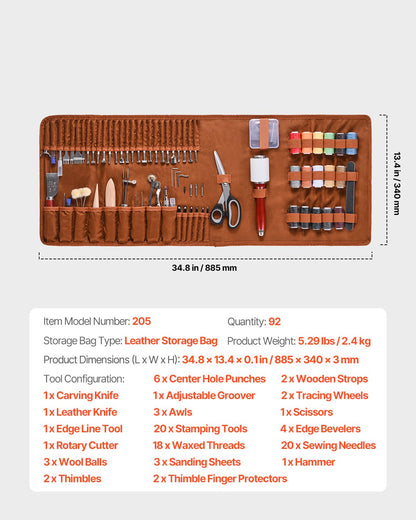 Läderbearbetningsverktygssats, 92 delar läderhantverksverktyg med bärbar läderförvaringsväska, gravyr, stansning, sömnad, stämpling, slipverktyg, perfekt för nybörjare, gör-det-själv-entusiaster och proffs