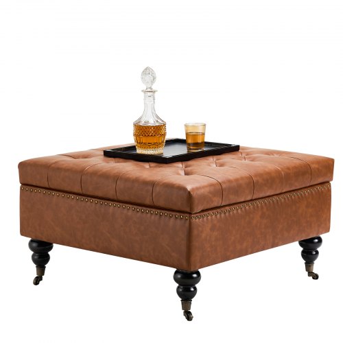 80 cm Square Leather Ottoman with Storage, Upholstered Tufted Button Coffee Table Ottoman with Castered Rolling Wheels, PU Leather High-Density Sponge for Living Room, Dorm, Bedroom, Brown