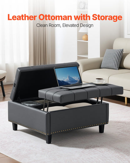 80 cm Square Leather Ottoman with Storage, Upholstered Tufted Button Coffee Table Ottoman with Lift-Top & Flip Design, PU Leather High-Density Sponge for Living Room, Bedroom, Dorm, Grey