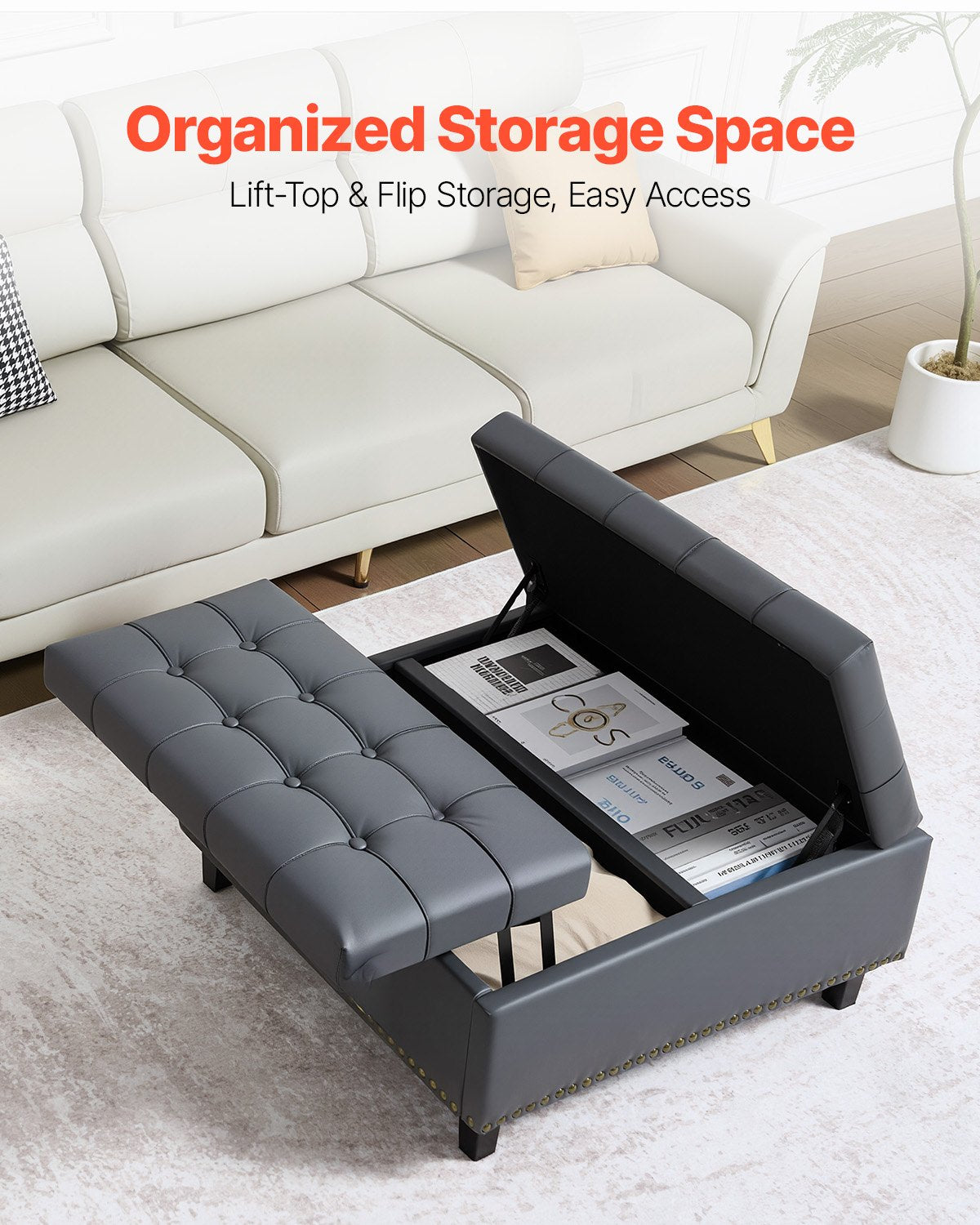 80 cm Square Leather Ottoman with Storage, Upholstered Tufted Button Coffee Table Ottoman with Lift-Top & Flip Design, PU Leather High-Density Sponge for Living Room, Bedroom, Dorm, Grey