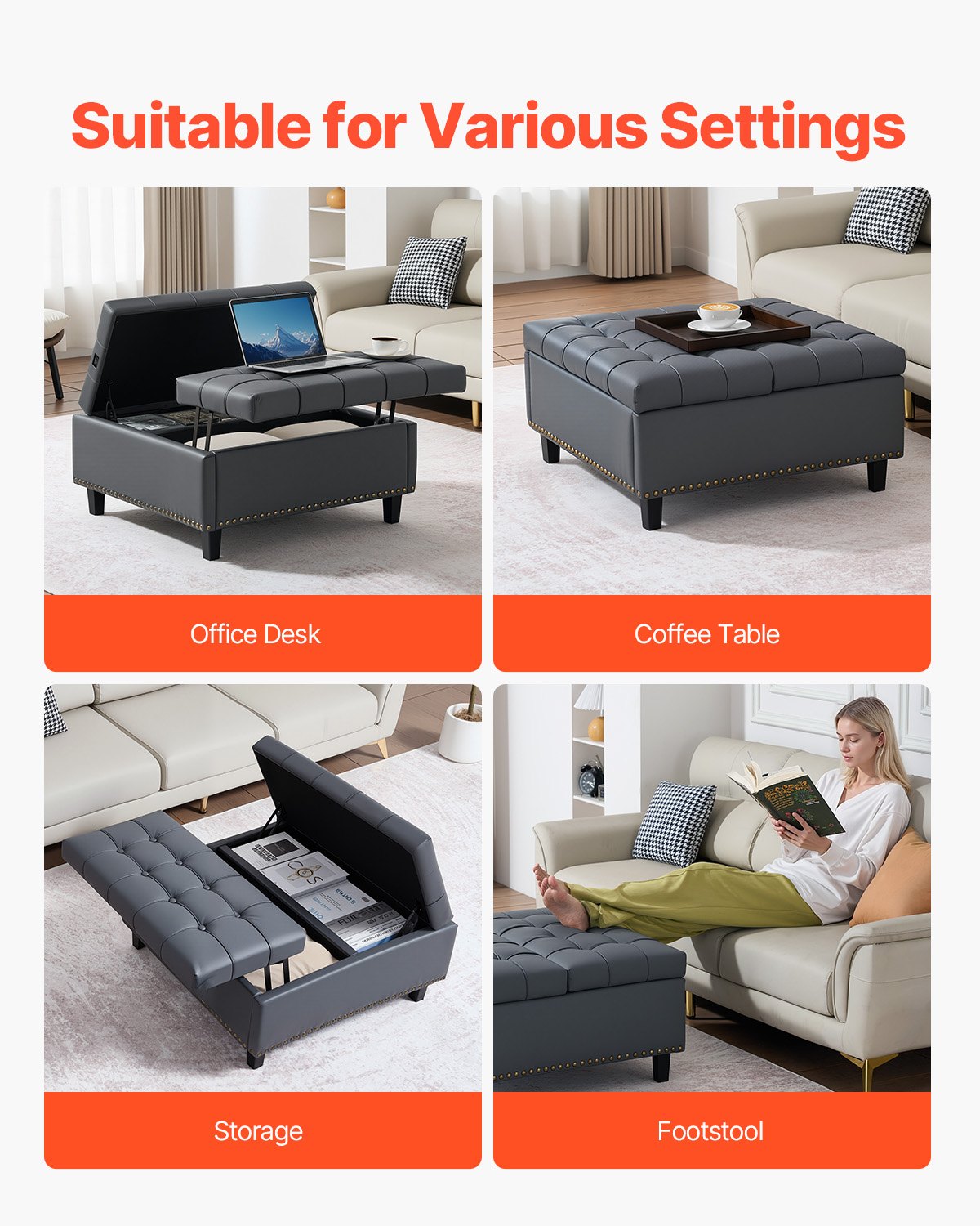 80 cm Square Leather Ottoman with Storage, Upholstered Tufted Button Coffee Table Ottoman with Lift-Top & Flip Design, PU Leather High-Density Sponge for Living Room, Bedroom, Dorm, Grey