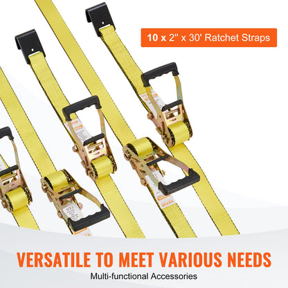 Ratchet Tie Down Straps (10PK), 10000 lb Break Strength, Endless Ratchet with 10 Premium 2" x 30' Tie Downs Heavy Duty, Track Spring Fittings for Moving Securing Cargo, Appliances, Motorcycle