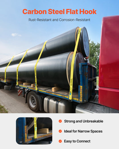 Vinschremmar, 4" x 30', 6000 lbs lastkapacitet, 18000 lbs brottstyrka, lastbilsremmar med platt krok, flakförankringar lastkontroll för släpvagnar, gårdar, räddningar, trädskydd, gul (4-pack)