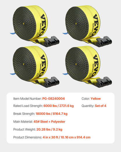 Vinschremmar, 4" x 30', 6000 lbs lastkapacitet, 18000 lbs brottstyrka, lastbilsremmar med platt krok, flakförankringar lastkontroll för släpvagnar, gårdar, räddningar, trädskydd, gul (4-pack)