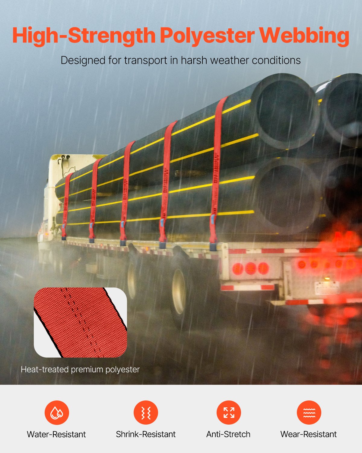 Vinschremmar, 4" x 30', 6000 lbs lastkapacitet, 18000 lbs brottstyrka, lastbilsremmar med platt krok, flakförankringar lastkontroll för släpvagnar, gårdar, räddningar, trädskydd, röd (10-pack)