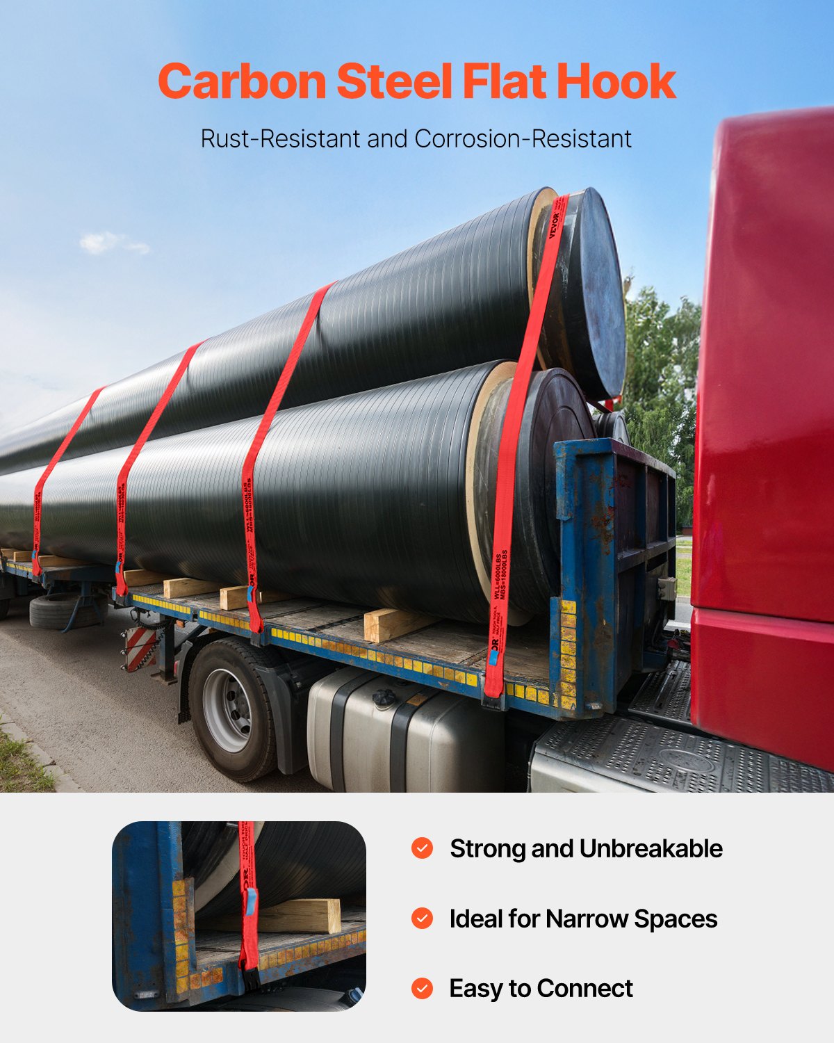 Vinschremmar, 4" x 30', 6000 lbs lastkapacitet, 18000 lbs brottstyrka, lastbilsremmar med platt krok, flakförankringar lastkontroll för släpvagnar, gårdar, räddningar, trädskydd, röd (10-pack)