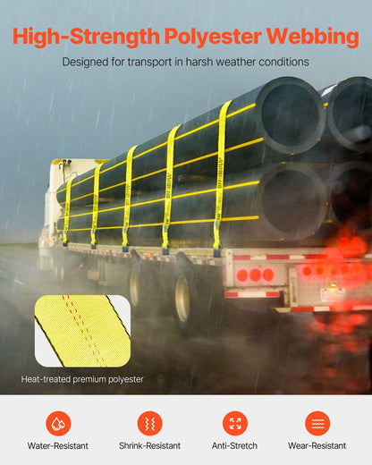 Vinschremmar, 4" x 40', 6000 lbs lastkapacitet, 18000 lbs brottstyrka, lastbilsremmar med platt krok, flakförankringar lastkontroll för släpvagnar, gårdar, räddningar, trädskydd, gul (10-pack)