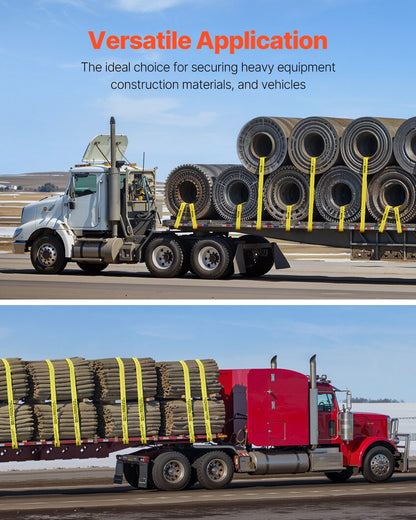Vinschremmar, 4" x 40', 6000 lbs lastkapacitet, 18000 lbs brottstyrka, lastbilsremmar med platt krok, flakförankringar lastkontroll för släpvagnar, gårdar, räddningar, trädskydd, gul (10-pack)