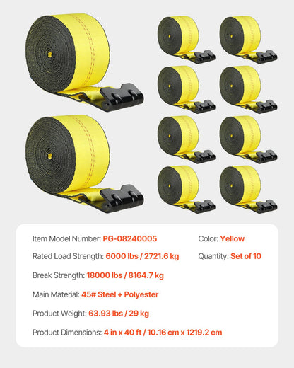 Vinschremmar, 4" x 40', 6000 lbs lastkapacitet, 18000 lbs brottstyrka, lastbilsremmar med platt krok, flakförankringar lastkontroll för släpvagnar, gårdar, räddningar, trädskydd, gul (10-pack)