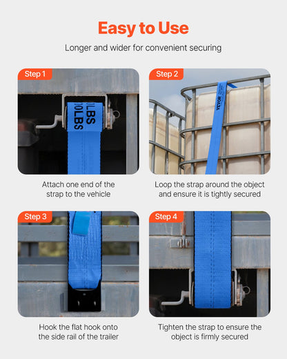 Vinschremmar, 4" x 30', 6000 lbs lastkapacitet, 18000 lbs brottstyrka, lastbilsremmar med platt krok, flakförankringar lastkontroll för släpvagnar, gårdar, räddningar, trädskydd, blå (10-pack)