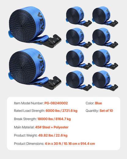 Vinschremmar, 4" x 30', 6000 lbs lastkapacitet, 18000 lbs brottstyrka, lastbilsremmar med platt krok, flakförankringar lastkontroll för släpvagnar, gårdar, räddningar, trädskydd, blå (10-pack)