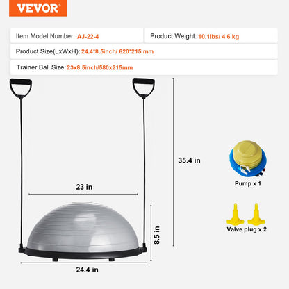 Halv träningsbolltränare, 23 tums balansbolltränare, 660 kg kapacitet stabilitetsboll, yogaboll med motståndsband och fotpump, styrketräningsboll för hemmagym, helkroppsträning, grå