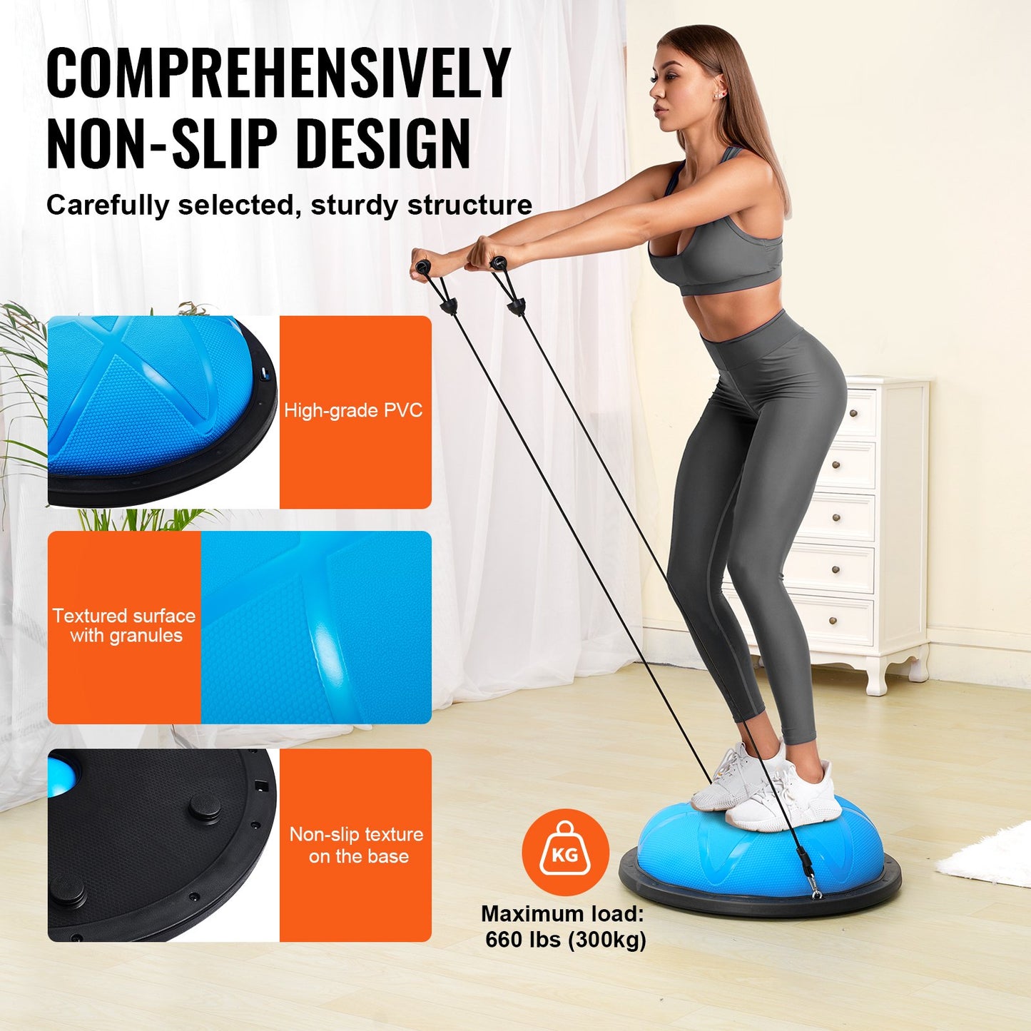 Half Exercise Ball Trainer, 23 inch Balance Ball Trainer, 660 lbs Capacity Stability Ball, Yoga Ball with Resistance Bands and Pump, Strength Fitness Ball for Home Gym, Full Body Workouts, Blue